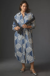 Foggy Grey Poly Rayon Collar Printed Knee Long Casual Dress